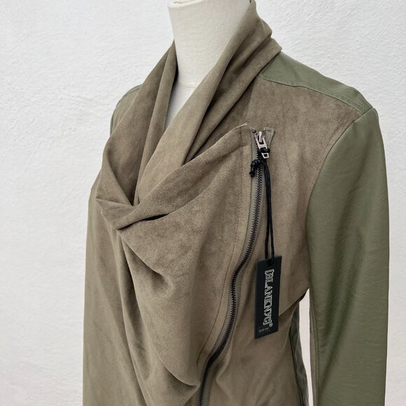 NWT BlankNYC Faux Suede Leather Moto Jacket Mixed Media Draped Olive Green Med. - Picture 4 of 15